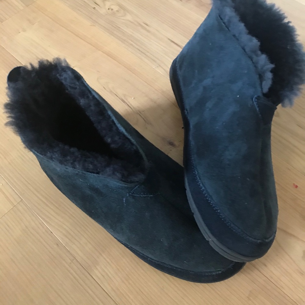 Lands' End Navy Blue Suede Shearling-Lined Slippers